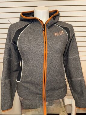 Harley Davidson Women's Gray Zip-Up Hooded Jacket with Orange Trim